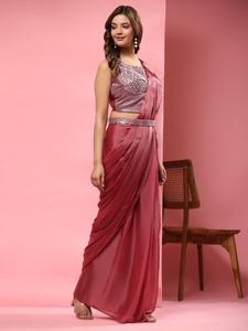 Nouveau design de tissu satiné importé Saree prêt-à-porter pour femme avec broderie à paillettes en soie - Product Image 4
