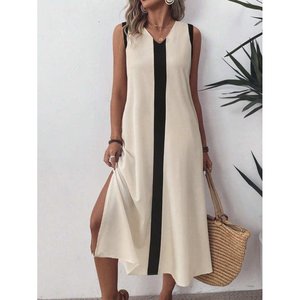 Vestido Maxi Aerobin Elegante de Jane para Mujer, con Tirantes, Cuello en V, Detalle de Franja Frontal y Abertura Lateral, para Verano Informal - Product Image 1