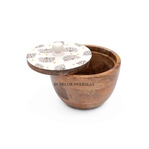 Trendy Pattern Arrival Premium Quality Wooden Made Food Items Serving Table Centerpiece <b>Bowl</b> With Unique Designer <b>Enamel</b> Top Lid - Product Image 1