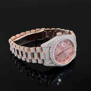 Reloj de Lujo Antiguo de Negocios, 20 mm, Ventana Analógica Rosa, Números Romanos, Completamente Engastado con Diamantes Moissanite, Correa de Cuero de Alta Calidad - Product Image 2
