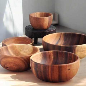 Bol de service rond en bois d'acacia poli, fait à la main, écologique, léger, pour salade, fruits, cuisine, collation, céréales, soupe, nourriture - Product Image 5