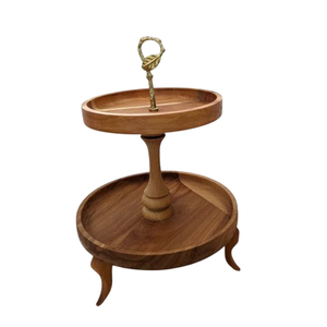 Support à gâteau en bois fait main de haute qualité, design feuille, poignée, 2 étages, résistant au four, accessoires d'hôtel, service de dessert, élégant - Product Image 1