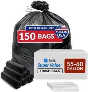 Sacs poubelle noirs robustes Reli de 55 à 60 gallons, 150 unités avec attaches torsadées, grands sacs de nettoyage pour déchets - Product Image 4