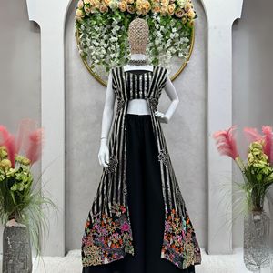 Premium 3 Piece Foux Gorgette Ensemble Fully Stitched <b>Shrug</b> with Thread Sequence Unstitched Choli with Micro Inner - Product Image 1