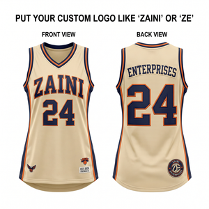 Vestido de Baloncesto Personalizado para Mujer, Jersey de Malla de Poliéster Transpirable de 180 GSM, Color Crema, Azul Marino y Naranja, con Paneles Laterales Sublimados y Bordados - Product Image 1