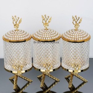 Arte creativo moderno Aspecto elegante Flores de metal chapadas en oro Diseñador Tapa superior y base Recipiente de vidrio transparente Suministros de utensilios de cocina - Product Image 3