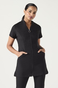 Ensemble de blouses médicales noires EVERGLOW pour femmes, col en V, fermeture éclair sur le devant, pantalon, uniforme d'hôpital, en polyester tissé, détection d'aiguilles, sans couture - Product Image 4