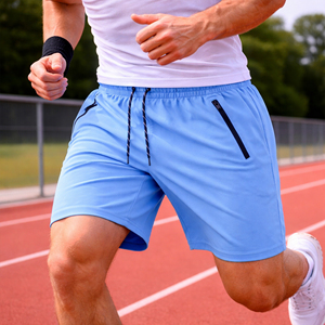 Shorts d'entraînement décontractés pour hommes, taille mi-haute élastique, tissés 100 % polyester, couleur unie, poches zippées, séchage rapide, respirants - Product Image 4
