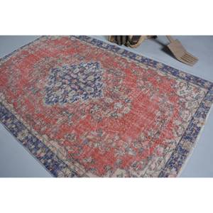 Alfombra turca Vintage de 5,4x8,6 pies, diseño de retazos rojo y azul, alfombra de lana de área grande para pasillo, dormitorio, forma Rectangular de látex - Product Image 4