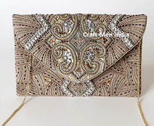 Flap <b>Clutch</b> Bag with Hand Bead Stone and Pearl Embroidery Suede Material Vintage Lady Style for <b>Brides</b> Wedding Party Wear - Product Image 3