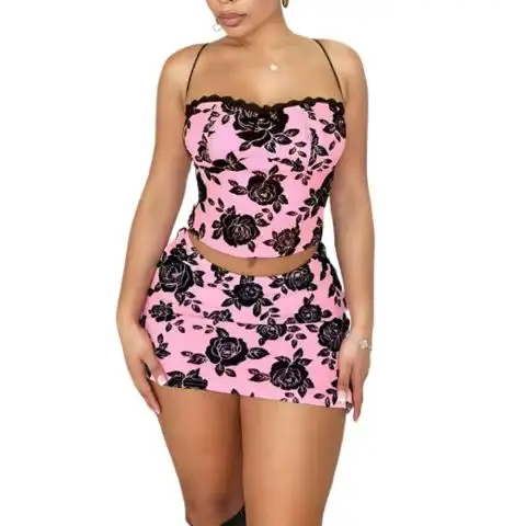 Floral Print Women's Slim Fit 2 Piece Set Lace Girls Sexy Straps Mini Hip Skirt Sexy And Club