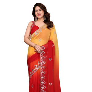 Sari de seda Georgette estampado con encaje pequeño y blusa sin coser. - Product Image 1