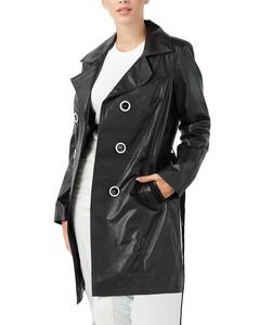 เสื้อโค้ทเทรนช์โค้ทหนังแกะแท้สำหรับผู้หญิง สีดำ ความยาวระดับเข่า กระดุมแบบมีสไตล์ ความยาวยาวพิเศษ ปกขนสัตว์เทียม ขนสุนัขจิ้งจอก - Product Image 5