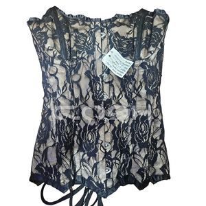 Corset vintage en satin beige avec dentelle noire gothique et baleines en acier |   Haut de lingerie |   Fabricant de Corsets Personnalisés en Gros - Product Image 1