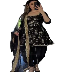 Indischer pakistanischer Stil schwere Netz-Sequenz Stickereiarbeit und Steinarbeit lange Anarkali-Kleider mit Netz Dupatta-Set für Damenbekleidung