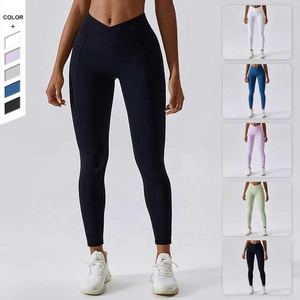 Pantalones desnudos de cintura cruzada de nuevo estilo para mujer, mallas de Yoga transpirables de secado rápido con bolsillos para entrenamiento - Product Image 1