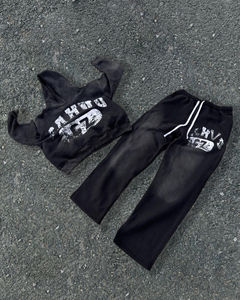 Sweat-shirt deux pièces personnalisé pour hommes, décontracté, délavé à l'acide et à la pierre, sweat à capuche délavé au soleil, pantalon de survêtement vieilli - Product Image 1