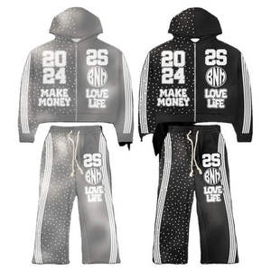 Vêtements personnalisés, survêtement streetwear uni, ensemble jogging deux pièces, unisexe, à capuche, surpiqûres contrastées, pantalon de survêtement ample à jambe droite - Product Image 3