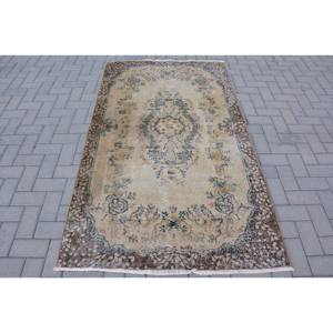 พรมตุรกีโบราณ3.8 x 6.6ft สีเบจสีน้ำตาลคลาสสิกพื้นที่ขนาดใหญ่การออกแบบเย็บปะติดปะต่อกันด้วยผ้าขนสัตว์ผ้าขนสัตว์สี่เหลี่ยมห้องโถงน้ำยางสำหรับห้องพัก - Product Image 1