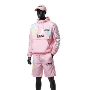 Ensemble short coupe-vent en nylon de haute qualité pour hommes, tissu extérieur, panneaux bicolores, logo imprimé à l'écran, ensemble short coupe-vent, taille plus - Product Image 4