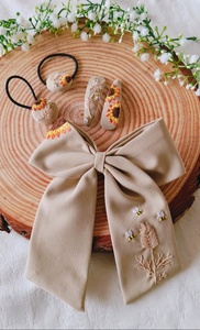 Custom Made Hand Embroidered Linen Fabric Bows Floral Patterns ELEGANT Style Waterproof for Kids' Hair Accessories Christmas - Product Image 4