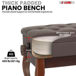 5 Core Piano Bench 3 Padded Cushioned <b>Stool</b> Wooden Heavy Duty Adjustable Musician Chair w Storage - Product Image 5
