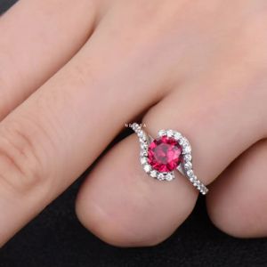 <b>Vintage</b> Art Deco Style 10K Solid <b>Gold</b> <b>Ring</b> 7 mm Round Cut Lab-Grown Ruby Curved Halo Engagement Wedding <b>Ring</b> for Gifts Parties - Product Image 5