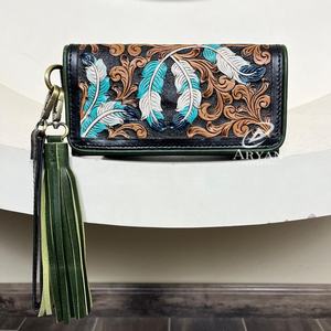 Cartera larga de lujo con monedero de diseñador de plumas 2025 para mujer, tarjetero de moda Vintage de cuero genuino para mujer - Product Image 1