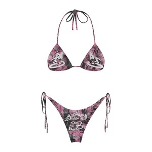 Premium 180 GSM Polyester Spandex <b>Pink</b> Floral <b>Bikini</b> <b>Set</b> Sequin Embroidery Custom Logo Tie Side Women <b>Bikinis</b> <b>Set</b> - Product Image 2