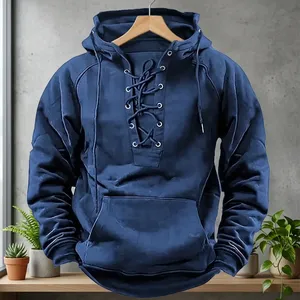 Sweat-shirt à capuche à lacets pour hommes, pull décontracté surdimensionné, couleur unie avec poche pour les vêtements d'extérieur du printemps - Product Image 5