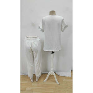 Ensemble deux pièces pour femme, chemisier à manches courtes et col en V en viscose à paillettes, pantalon, 34506 - Blanc - Product Image 5