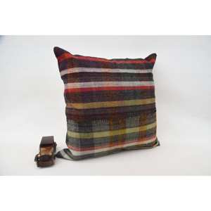 Oreiller à motif tartan multicolore 24x24 pouces Vintage Wool Kilim Plaid Woven Technique - Product Image 2