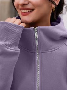 Women's Heavyweight Long 100% Cotton Mock Neck Thumb Holes Drop-shoulder Sleeves <b>Zip</b> Winter Hoodies <b>Sweatshirts</b> - Product Image 6