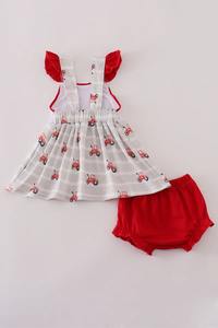 Juego de bombachos con bordado de Tractor rojo para niñas, Bonito traje de dos piezas con temática de granja con volante superior a juego, suministro ODM - Product Image 3
