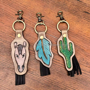 Tooled Leather Turquoise <b>Feather</b> Keychain Western Personalized Genuine Leather Fringe Key Fob Cowgirl Luxury Leather Keyrings - Product Image 3