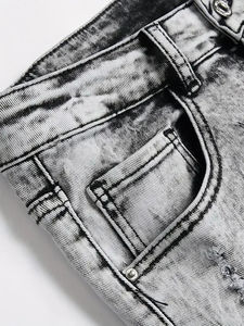 Pantalones Cortos Rectos de Mezclilla Transpirable con Bordado, Lavado Claro, Cintura Media, Verano, Personalizados, Estilo Urbano para Hombre, 100% Algodón, Tejido con Botones - Product Image 5