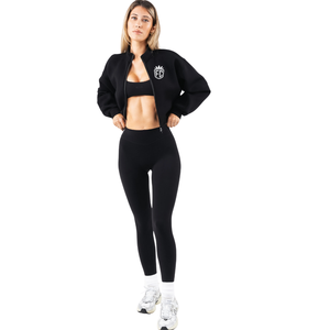 Womens Cropped Zip Jacket <b>Black</b> <b>Long</b> <b>Sleeve</b> Structured Fit Minimal Athleisure Outerwear <b>Top</b> - Product Image 3