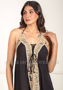 <b>Women's</b> Silk Halter Neck Short <b>Dress</b> With Designer Lace, Sleeveless <b>Tunic</b> Perfect for Beach & Resorts, Party Wear Summer <b>Dress</b> - Product Image 4