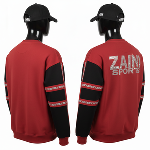 <b>Men</b> Pullover <b>Sweatshirt</b> Premium Cotton Polyester Fleece 320 GSM <b>Red</b> Black Panel Design Hotfix Rhinestone Logo Basics <b>Sweatshirts</b> - Product Image 5