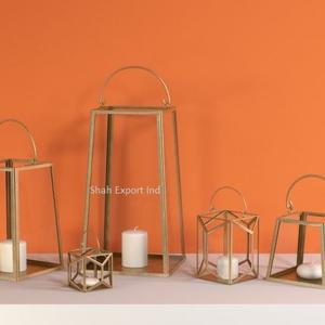 Geometric Shape Brass & Glass Candle <b>Lantern</b> for Wedding & Christmas Decorative Gold Candle <b>Lantern</b> With Handle - Product Image 1