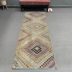 พรมวินเทจขนาด 2.8x7.9 ฟุต, พรมตุรกีแบบ Runner, พรมลายทางสีน้ำตาลชมพู - Product Image 1