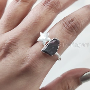 Bijoux en pierre brute Bague pour femme Grenat naturel Pierre précieuse brute Janvier Pierre de naissance Étoile Bague réglable Bague en argent sterling 925 - Product Image 4