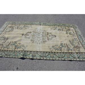 Alfombra turca vintage de 5x8,7 pies, patrón de retazos de lana verde Beige, estilo Tabriz para el hogar, sala de estar, mesita de noche, forma rectangular de látex - Product Image 3