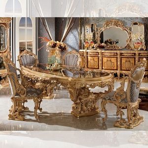 European Baroque Style Wood <b>Dining</b> <b>Table</b> Set With Gold Carving And Glass <b>Top</b> Antique Design For Home Furniture - Product Image 5