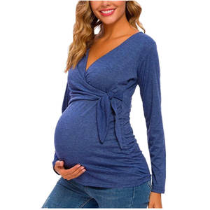Tie Front <b>Tops</b> Women Maternity Clothing Long Sleeve V Neck <b>Breastfeeding</b> Pregnancy Wrap Cotton Shirt Soft Nursing Blouse - Product Image 4