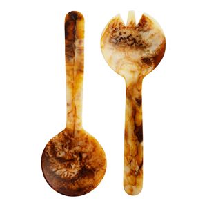 Saladier en résine marron et ivoire 2 couverts à salade en bois SET DE 2 KETCHENWAR UNIQUE FAIT MAIN - Product Image 1