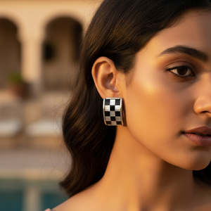 Brand a Women's 925 Silver Stud Earrings Checkerboard Shell Inlay Classic Geometric Design Everyday Wear Jewelry - Product Image 3