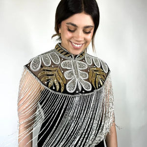 Elegante hermoso vestido burlesco con cuentas hebras de lentejuelas capa sujeta cuello bordado logotipo Natural espalda recta vestido de Club - Product Image 1