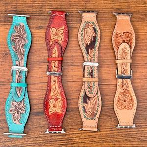 New Real Handmade Genuine Leather Custom Design Western Floral <b>Tooled</b> Painted <b>Watch</b> Bands Boho Western Replacement <b>Watch</b> <b>Straps</b> - Product Image 6