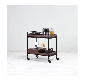 Grey Shade <b>Trolley</b> <b>Serving</b> Unique Uplifted 2 Level Bar Cart 2 Tiers with Wheels Wood Metal <b>Serving</b> Cart Manufacturer Wholesale - Product Image 3